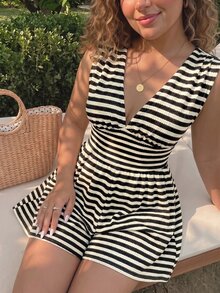 SHEIN MOD 大尺碼女款條紋深V領性感無袖連身褲 - 黑色 - 查看 8