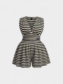 SHEIN MOD 大尺碼女款條紋深V領性感無袖連身褲 - 黑色 - 查看 6