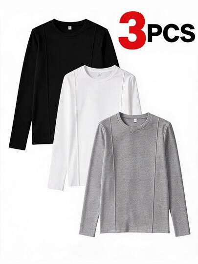 Vacaura 3pcs Boys' Simple Casual Solid Color Crew Neck Long Sleeve T-Shirts, 3 Colors Available, Front Toothpick Pleat Design, Comfortable Fabric, Suitable For Sports And Casual Wear Or Layering With Sweatshirts, Vests, Etc., Suitable For Multiple Seasons