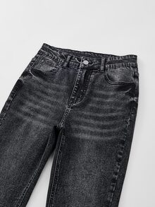 SHEIN Y2K 時尚百搭熱門重磅水洗彈性喇叭牛仔褲，適合青少年女孩 - 黑色 - 查看 4