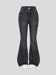 SHEIN Y2K 時尚百搭熱門重磅水洗彈性喇叭牛仔褲，適合青少年女孩 - 黑色 - 查看 3