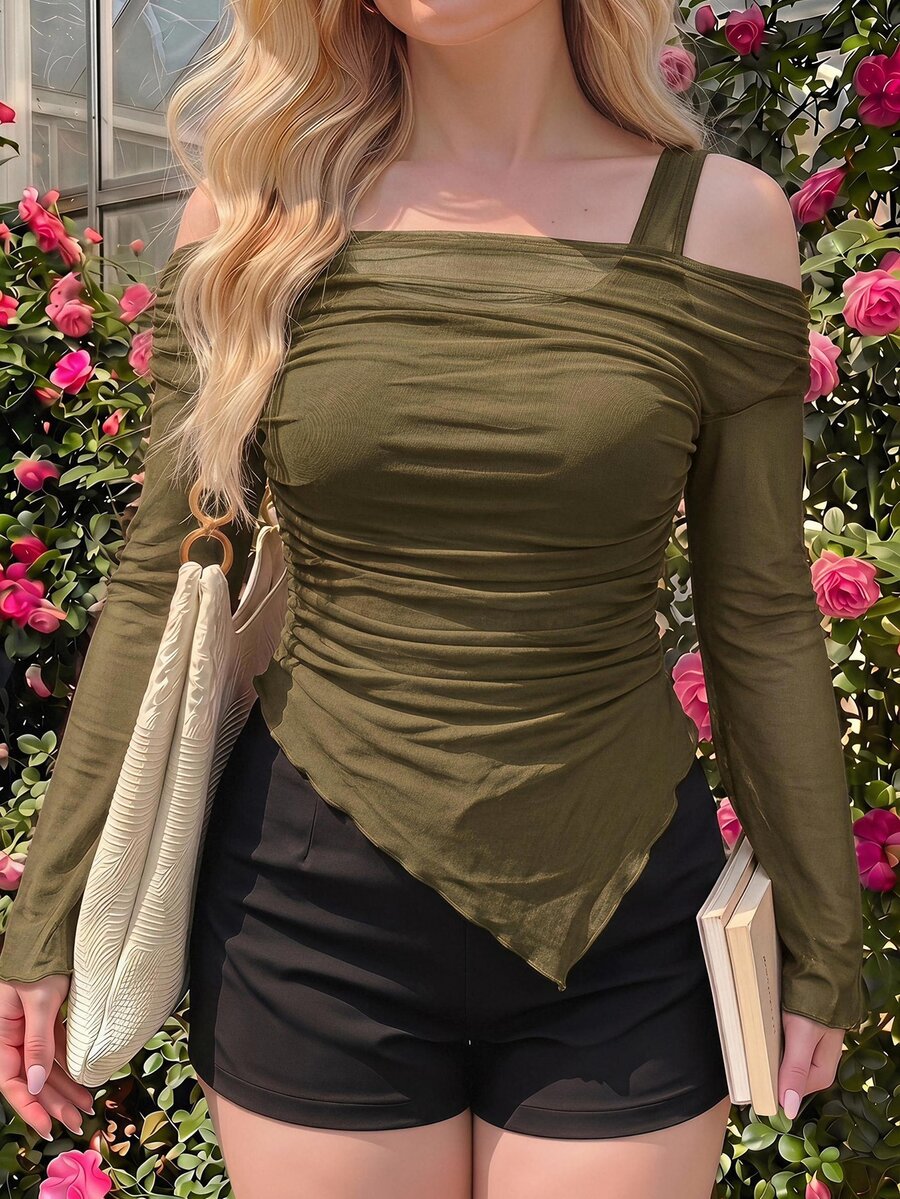 SHEIN MOD Plus Size Army Green Asymmetric Hem Flared Sleeve T-Shirt,Punk,Korean Style,Back To School Fall - Army Green - View 1