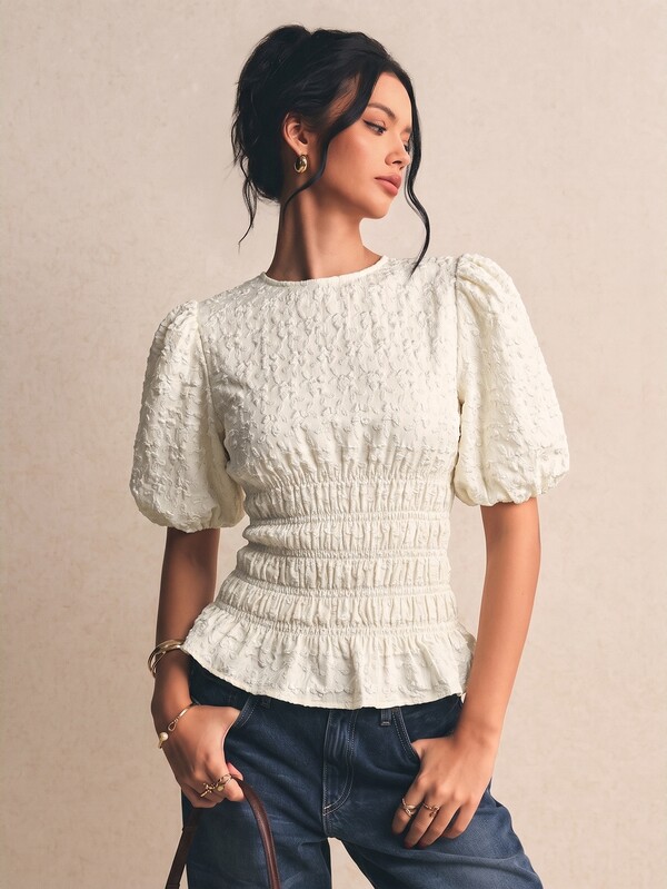 Poéselle Women Elegant Work Blouse, White Textured Puff Sleeve Ruffle Hem Top,Outfits Suitable For An Afternoon Tea Date,Fall Outfits
