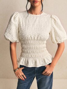 Poéselle 女款優雅上班襯衫，白色紋理泡泡袖荷葉邊下擺上衣，適合下午茶約會的秋季穿搭 - 杏色 - 查看 9