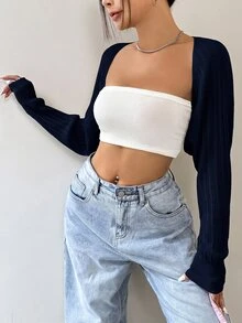 SHEIN EZwear 1件輕量透視針織短版開襟衫，長袖上衣，秋冬針織毛衣 - 藏蓝色 - 查看 6