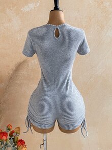 Soleia 女款對比蕾絲短袖側抽繩二合一連身褲 - 灰色 - 查看 2