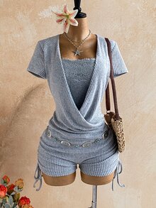 Soleia 女款對比蕾絲短袖側抽繩二合一連身褲 - 灰色 - 查看 6