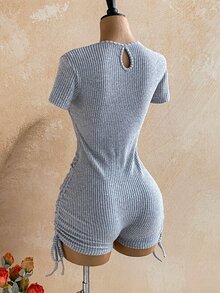 Soleia 女款對比蕾絲短袖側抽繩二合一連身褲 - 灰色 - 查看 9