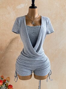 Soleia 女款對比蕾絲短袖側抽繩二合一連身褲 - 灰色 - 查看 11