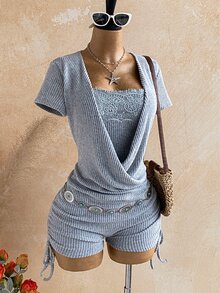 Soleia 女款對比蕾絲短袖側抽繩二合一連身褲 - 灰色 - 查看 4