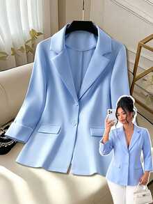 GlowEve CURVE Plus Lapel Neck Single Button Blazer - Blue - View 1