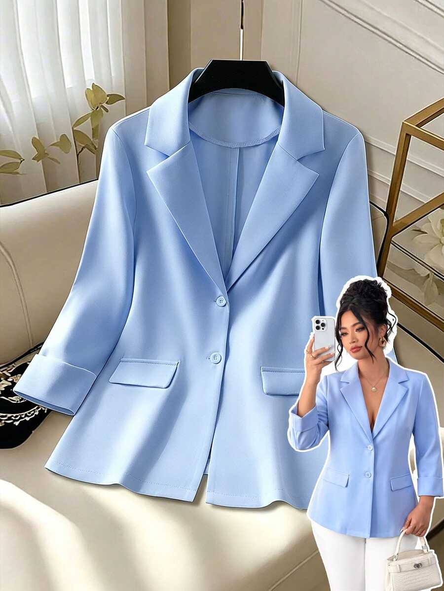 GlowEve CURVE Plus Lapel Neck Single Button Blazer - Blue - View 1