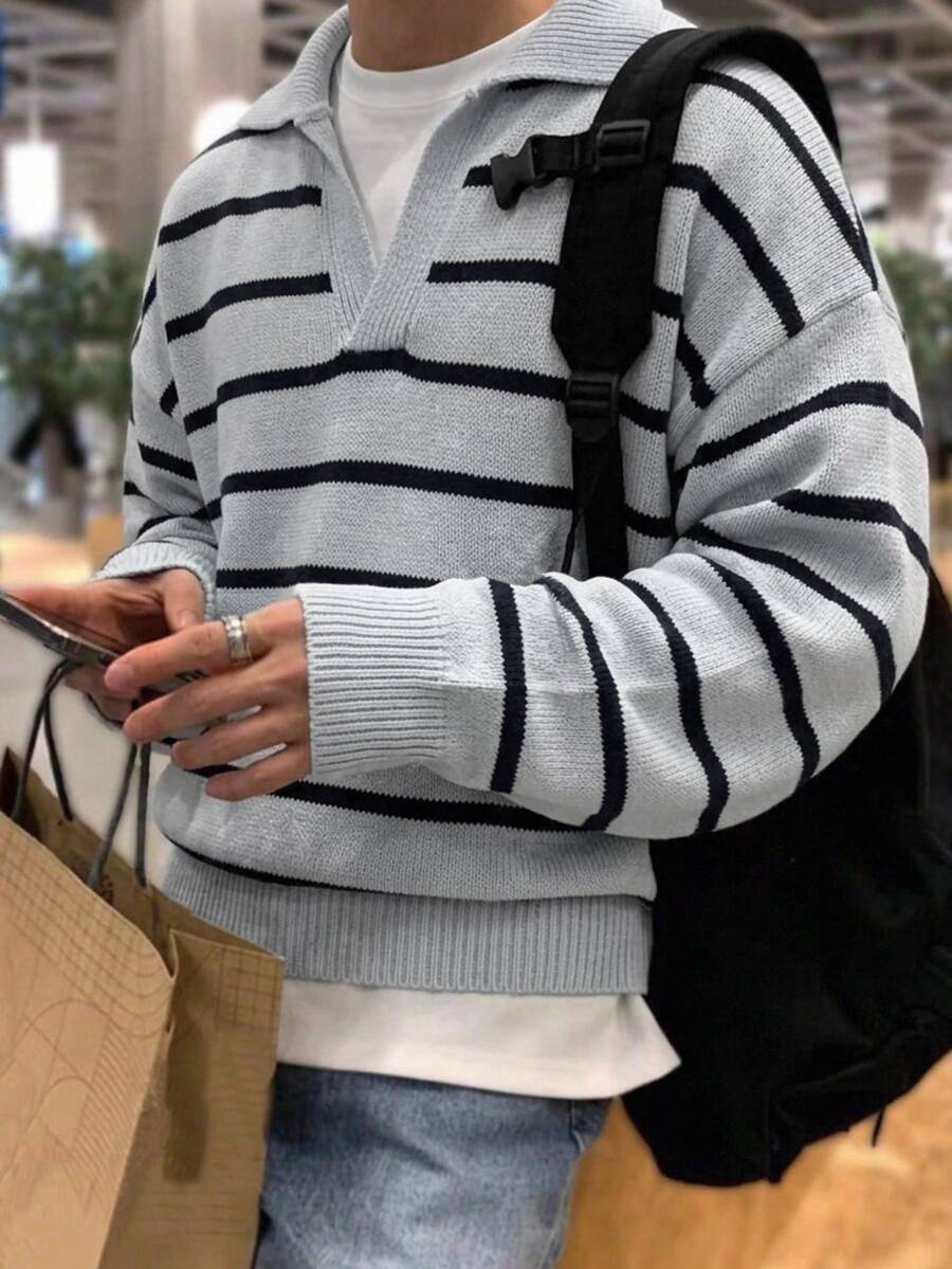 Claim Dot Men's Fashion Versatile Striped Colorblock Long Sleeve Sweater For Daily Wear - Multicolor - View 1