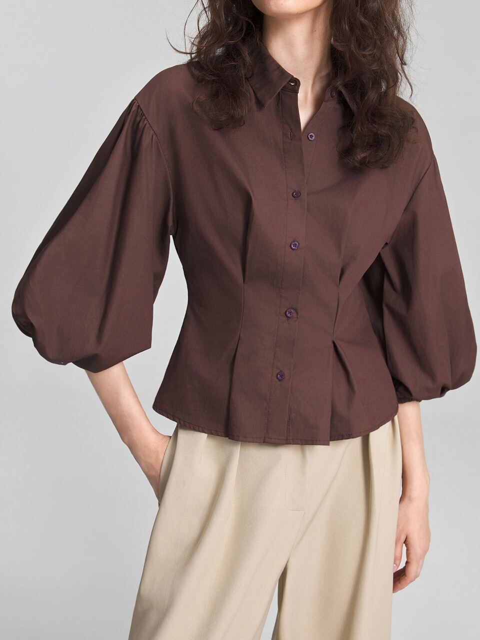 2026 New Summer Women's Blouse, Cinched Waist Loose Fit, Popular Solid Brown Puff Sleeve Ruched 3/4 Sleeve Top, Woven Fabric, Lapel Collar Button Front Design, Casual Commute Urban Modern Minimalist Elegant Tea Party Independence Day Old Money Style Teacher Outfit Women's Office Wear Holiday Outfit Vacation Date Outfit Women's Outwear Fashion Versatile Women's Blouse