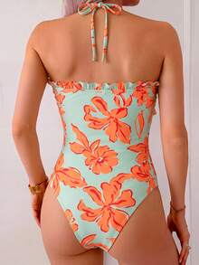 Swim Vcay Spring/Summer Hot-Selling High- Beach Vacation Casual Botanical Print Neckline Underbust Ruffle Bow Front Detachable Shoulder Straps One-Piece Swimsuit - Multicolor - View 2