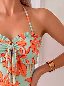 Swim Vcay Spring/Summer Hot-Selling High- Beach Vacation Casual Botanical Print Neckline Underbust Ruffle Bow Front Detachable Shoulder Straps One-Piece Swimsuit - Multicolor - View 5