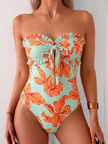 Swim Vcay Spring/Summer Hot-Selling High- Beach Vacation Casual Botanical Print Neckline Underbust Ruffle Bow Front Detachable Shoulder Straps One-Piece Swimsuit - Multicolor - View 4