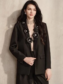 Anewsta 女款現代優雅時尚 3D 花卉水鑽設計通勤百搭西裝套裝 - 黑色 - 查看 4