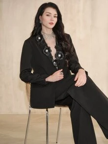 Anewsta 女款現代優雅時尚 3D 花卉水鑽設計通勤百搭西裝套裝 - 黑色 - 查看 6