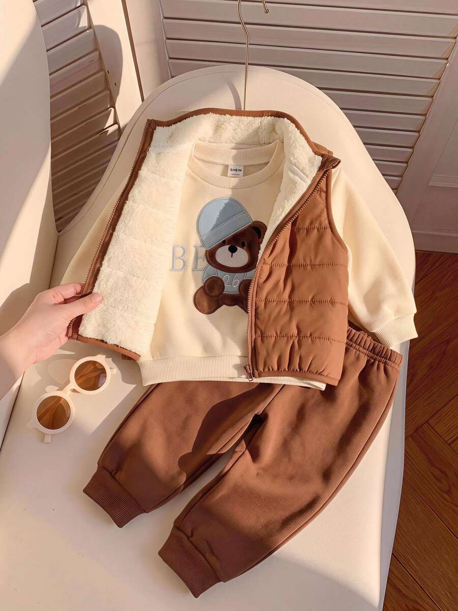 LMoss Kids Setelan 3 Potong untuk Bayi Laki-laki: Rompi Kerah Tegak Warna Polos Tenun, Kaos Lengan Panjang Rajut Leher Bulat, dan Celana Panjang - MultiWarna - View 1