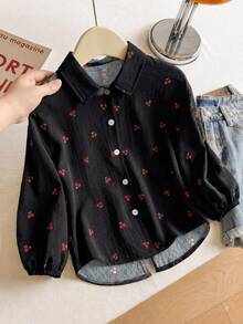 SHEIN Vintaside Kids (少女) 櫻桃印花寬鬆襯衫，背後蝴蝶結裝飾 - 黑色 - 查看 2