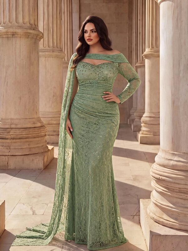 Coutiva Plus Size Lace Long Sleeve One-Side Floor-Length Long Train Formal Evening Gown (Intricate Design)