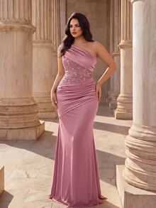 Coutiva Plus Size Sequin Patchwork Mermaid Formal Evening Gown - Dusty Pink - View 4