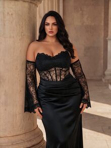 Coutiva Plus Size Lace Patchwork Satin Long Formal Evening Gown (Intricate Design) - Black - View 6
