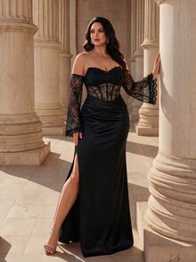 Coutiva Plus Size Lace Patchwork Satin Long Formal Evening Gown (Intricate Design) - Black - View 1