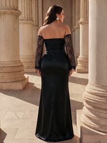 Coutiva Plus Size Lace Patchwork Satin Long Formal Evening Gown (Intricate Design) - Black - View 2