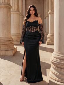 Coutiva Plus Size Lace Patchwork Satin Long Formal Evening Gown (Intricate Design) - Black - View 4