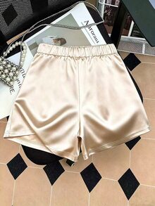 GlowEve CURVE Plus Size Summer Elegant Solid Color Elastic Waist Shorts - Apricot - View 2