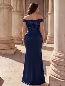 Coutiva Plus Size V-Neck Sequin Patchwork Formal Elegant Evening Formal Wedding Gown (Heavy Embellishment) Wedding Navy Blue Spring - Navy Blue - View 2