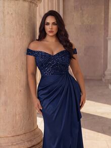 Coutiva Plus Size V-Neck Sequin Patchwork Formal Elegant Evening Formal Wedding Gown (Heavy Embellishment) Wedding Navy Blue Spring - Navy Blue - View 4
