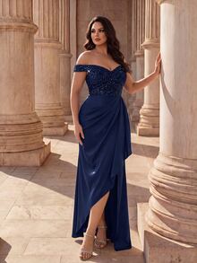 Coutiva Plus Size V-Neck Sequin Patchwork Formal Elegant Evening Formal Wedding Gown (Heavy Embellishment) Wedding Navy Blue Spring - Navy Blue - View 5