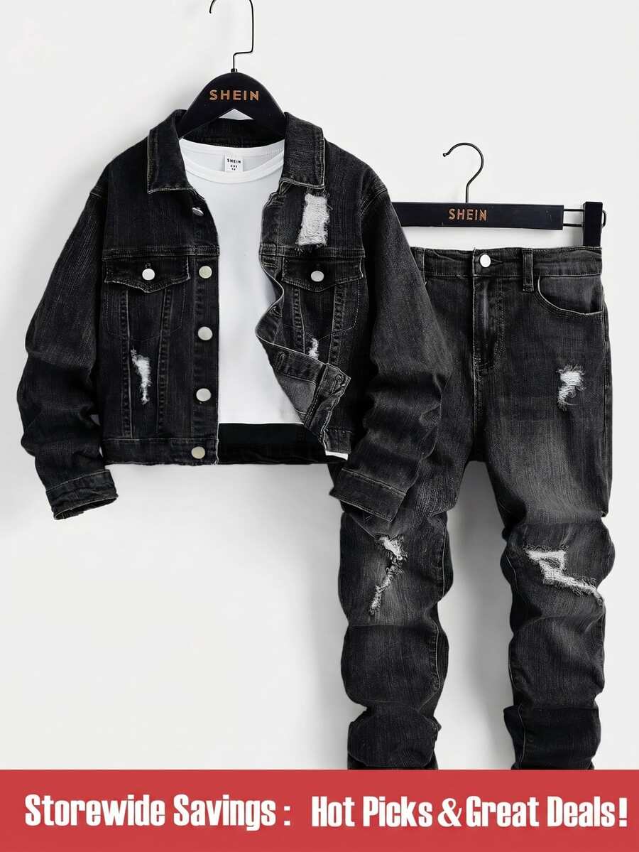 SHEIN 2 件套时尚破洞牛仔套装，适合青少年男孩 - 休闲牛仔裤和上衣 - 黑色 - 查看 1