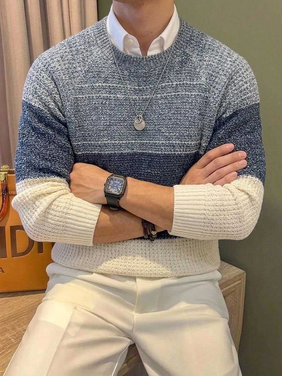Manfinity Homme كنزة صوفية رجالية بياقة طاقم بتصميم كتل لونية ونسيج محبوك، كاجوال بأكمام طويلة، للارتداء اليومي، الخريف والشتاء - متعدد الألوان - مشاهدة 1