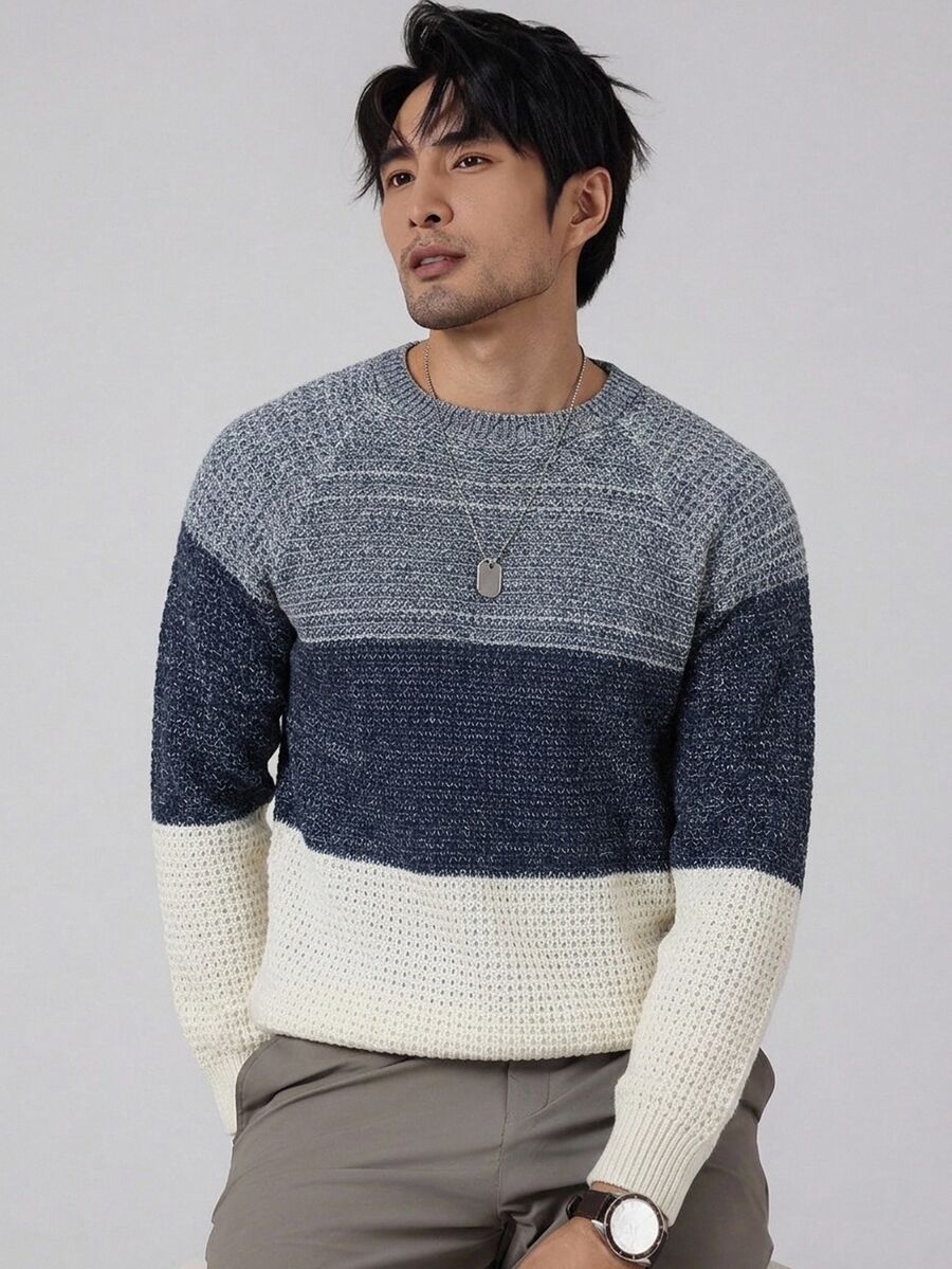 Manfinity Homme Old Money 男士拼色紋理針織圓領套頭衫 休閒長袖日常穿著 秋冬款 - 彩色 - 查看 1