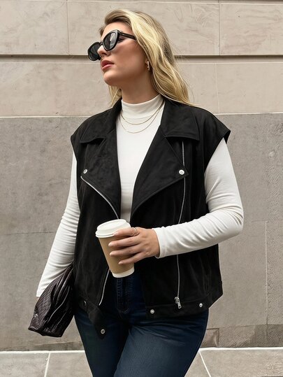 Elaquor Chaqueta chaleco de moda urbana de talla grande con botones y cremallera, elegante para oficina, negocios y trabajo, chaqueta elegante para uso diario y salidas para mujeres, otoño/invierno