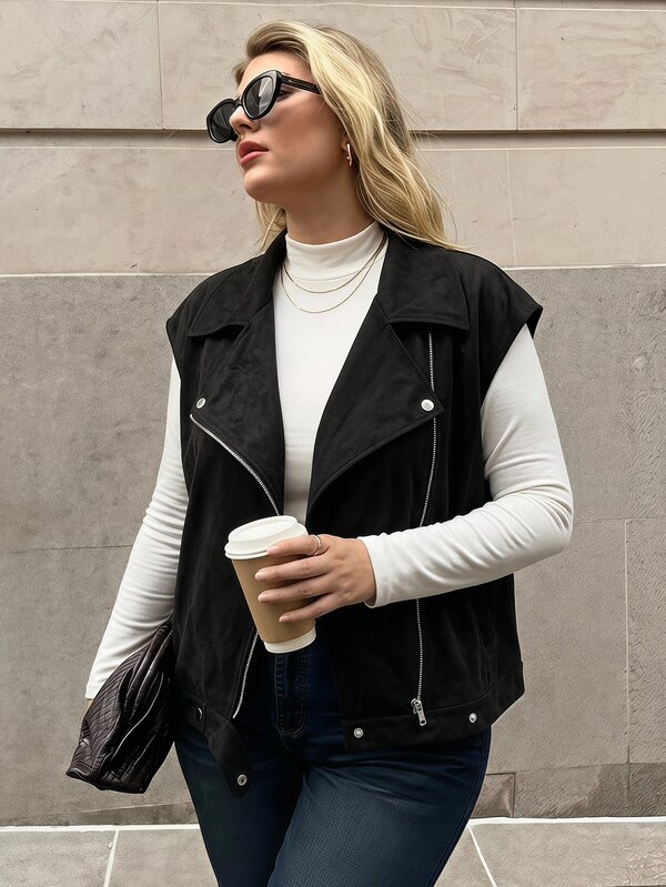 Elaquor Chaqueta chaleco de moda urbana de talla grande con botones y cremallera, elegante para oficina, negocios y trabajo, chaqueta elegante para uso diario y salidas para mujeres, otoño/invierno