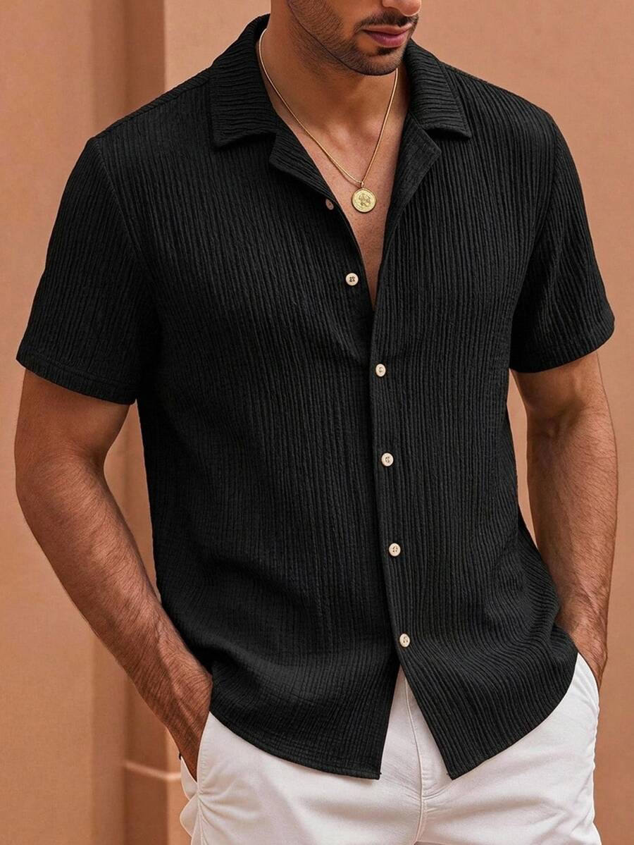 HIMLAND Men's Short Sleeve Shirt, Black Casual Button-Down, Pleated Texture Shirt, Plisse Top, Summer Breathable Shirt, Collared Resort Wear - Black - View 1