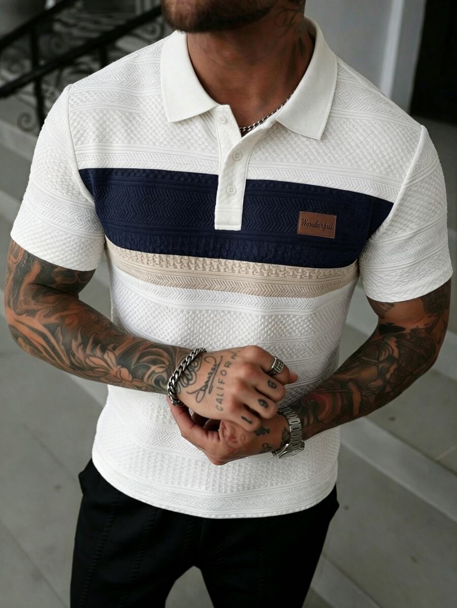 Manfinity Homme Men's Summer Casual Streetwear Colorblock Patchwork Short Sleeve Polo Shirt Golf White - White - View 1