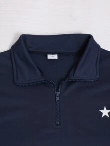 青少年女孩海軍藍半拉鍊翻領長袖星星印花大口袋運動衫，寬鬆休閒套頭上衣，適合日常上學、外出與通勤 - 藏蓝色 - 查看 2