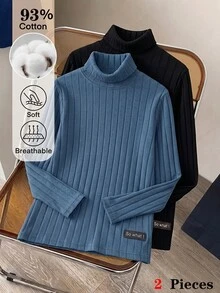 SHEIN 青少年男孩 2件組高領長袖T恤 羅紋針織假領上衣 基礎打底衫 秋季休閒百搭服飾 - 藍色和黑色 - 查看 4