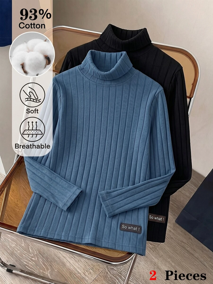 SHEIN Paket 2 buah Kaos Lengan Panjang Kerah Tinggi untuk Anak Laki-laki Remaja, Atasan Rajut Bergaris Kerah Tinggi, Pakaian Lapisan Dasar, Kasual Musim Gugur, Serbaguna