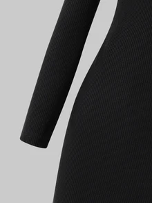 Teen Girls Basic Black Long‑Sleeve Midi Dress, Fall Casual Versatile Layering Dress For School Shopping - Black - View 4