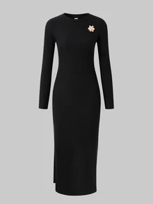 Teen Girls Basic Black Long‑Sleeve Midi Dress, Fall Casual Versatile Layering Dress For School Shopping - Black - View 1