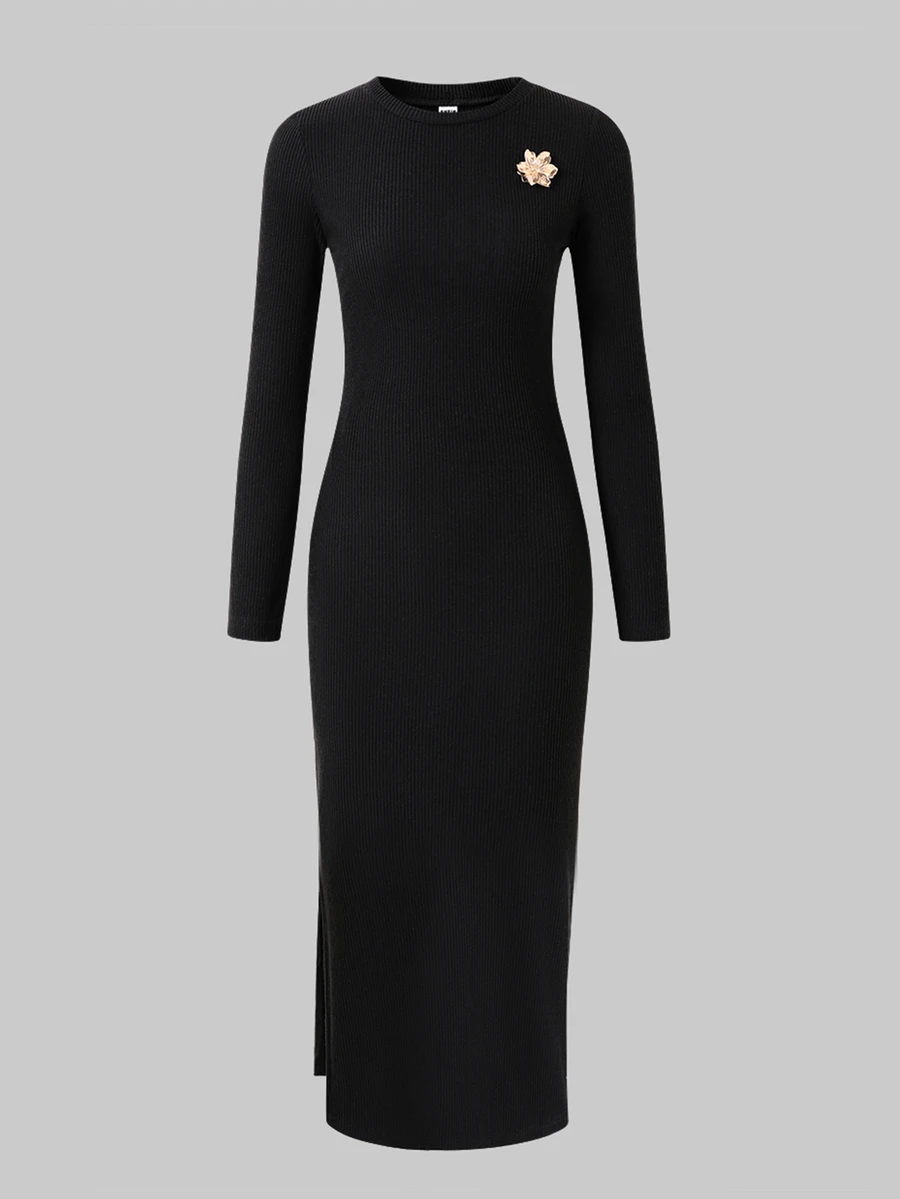 Teen Girls Basic Black Long‑Sleeve Midi Dress, Fall Casual Versatile Layering Dress For School Shopping - Black - View 1