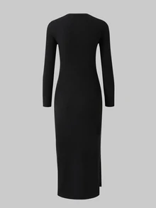 Teen Girls Basic Black Long‑Sleeve Midi Dress, Fall Casual Versatile Layering Dress For School Shopping - Black - View 2