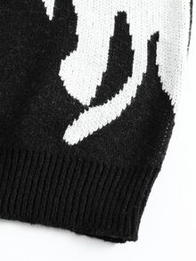 Chillumni Men's Autumn/Winter Dropped Shoulder Long Sleeve Crew Neck Sweater, Flame Pattern Knit Pullover, Loose Fit, Dual-Color Jacquard Halloween Holiday - Black and White - View 6